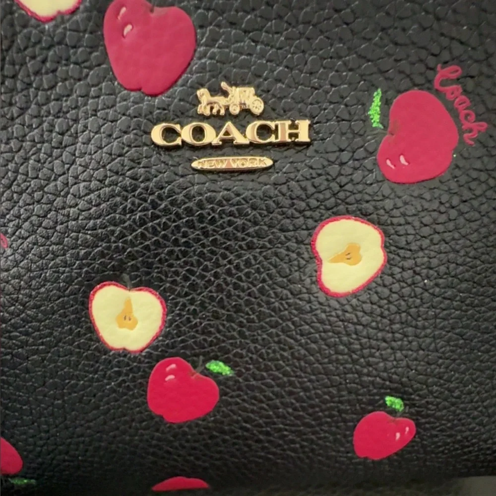Coach Black Red Cosmetic Leather Bag Clutch Case with Red Apple Print AUTHENTIC